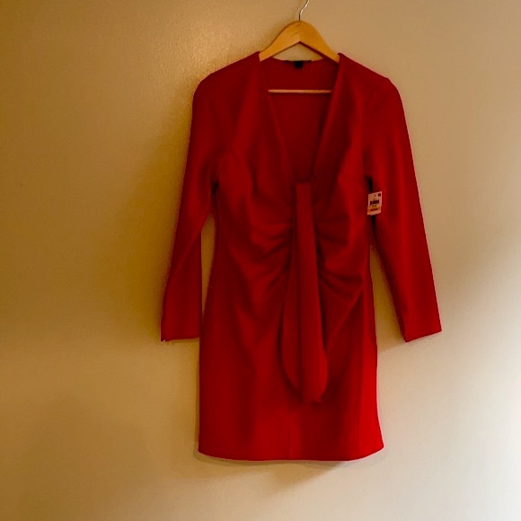 NWT INC red Hollywood runway mini dress tie front drape V day ruched cascade - Picture 9 of 16